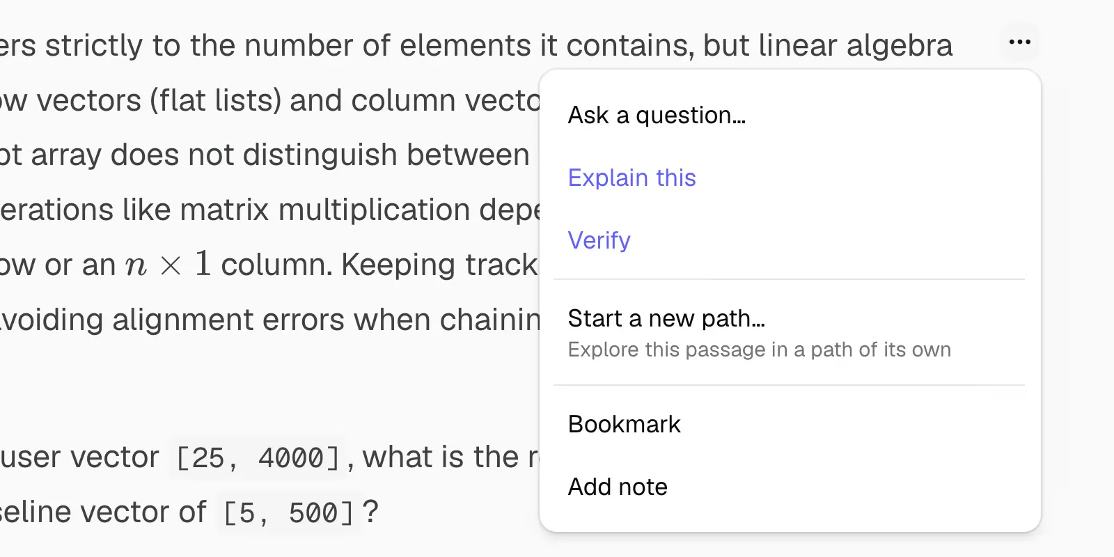 The block menu on a passage, with Ask a question and Explain this