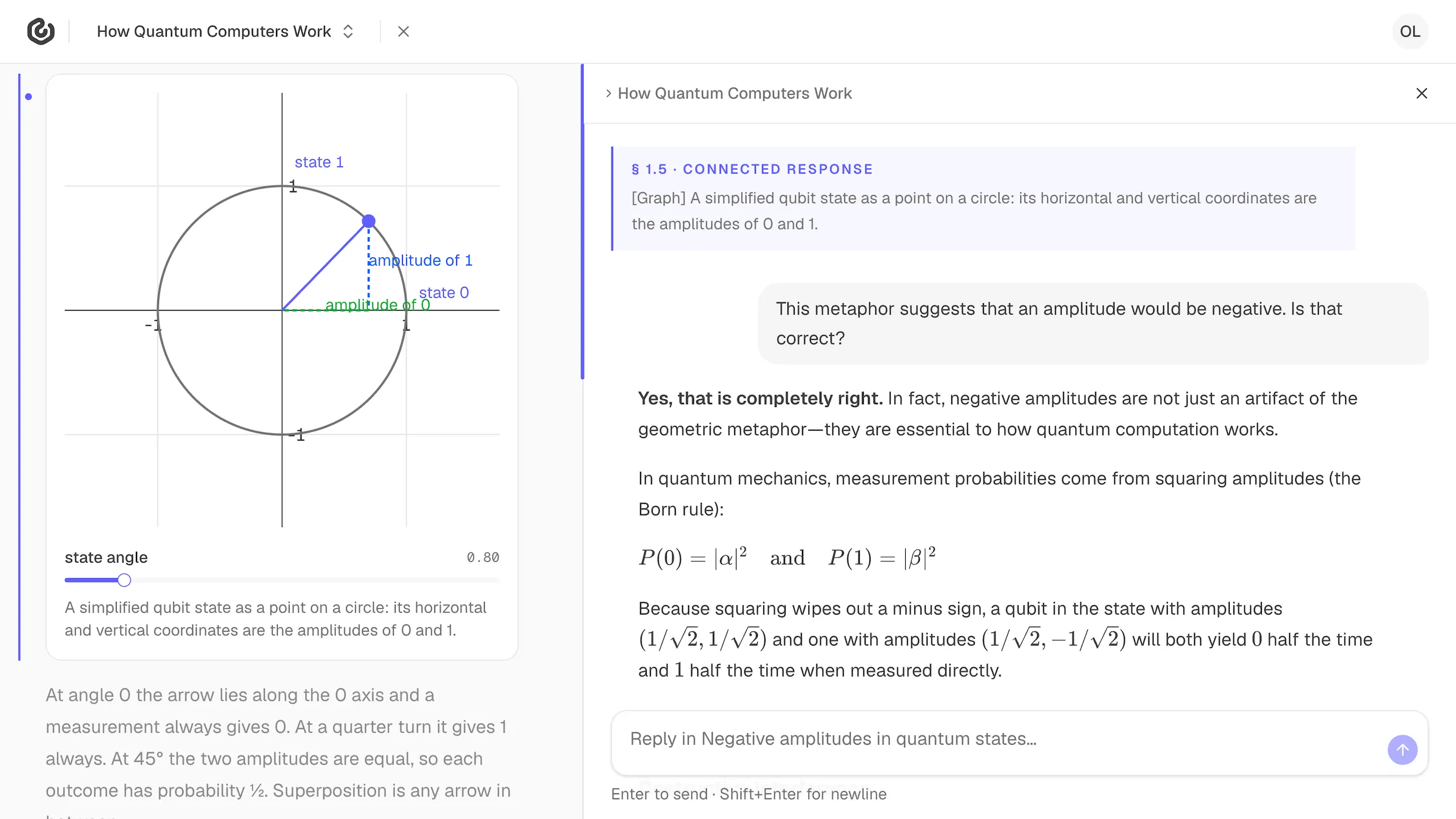 A Denkweg document with a branch open beside the passage it grew from, showing a graph with a slider