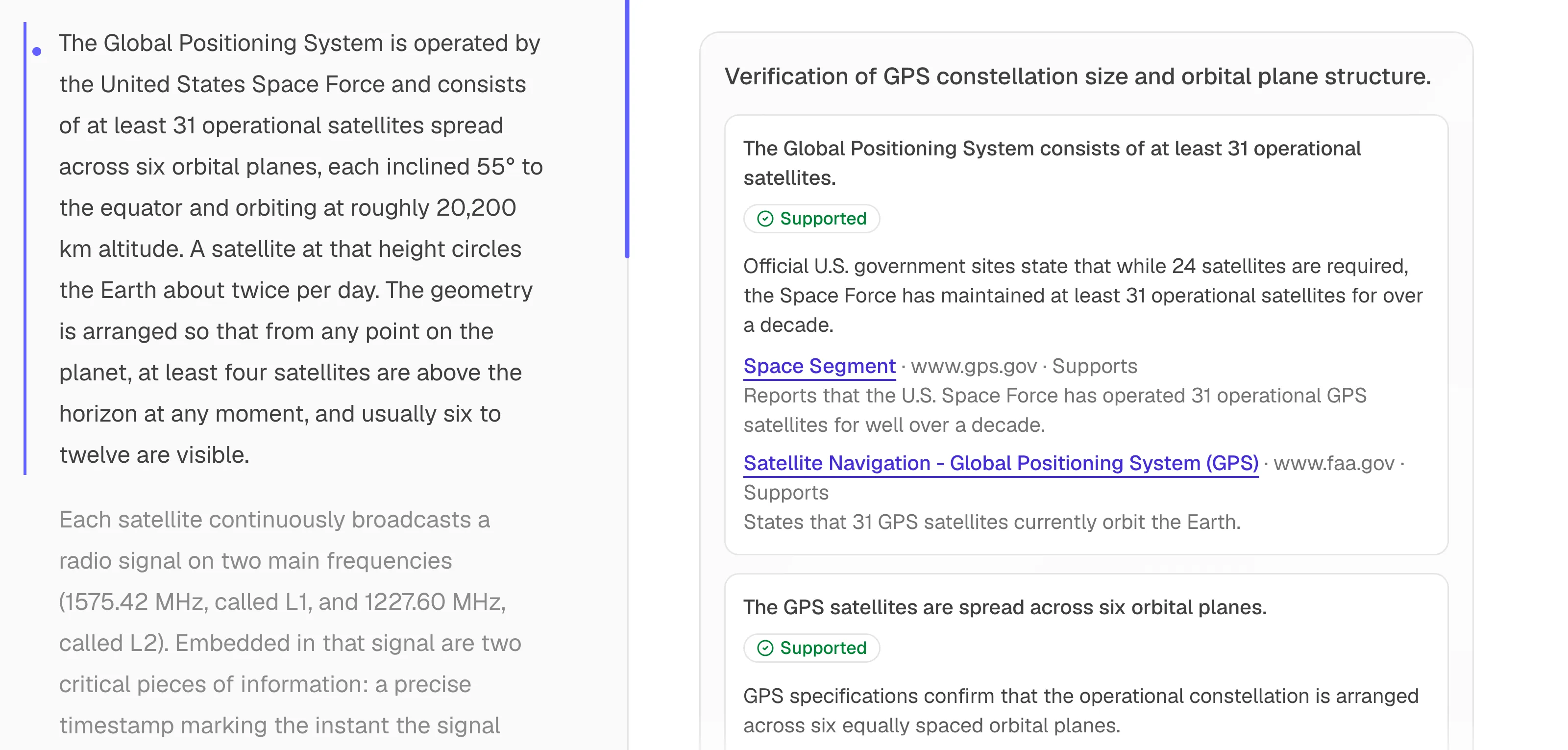 A passage on the GPS constellation beside its Verify this branch: a summary of the check, then each claim marked Supported with the sources found on gps.gov and faa.gov